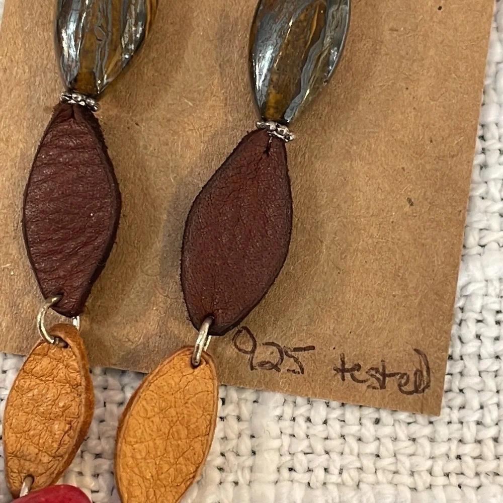 Sterling silver leather and natural stone extra long earthy neutral colors